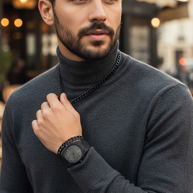 ست مردانه ساعت و دستبند و گردنبند solid black-مشکی